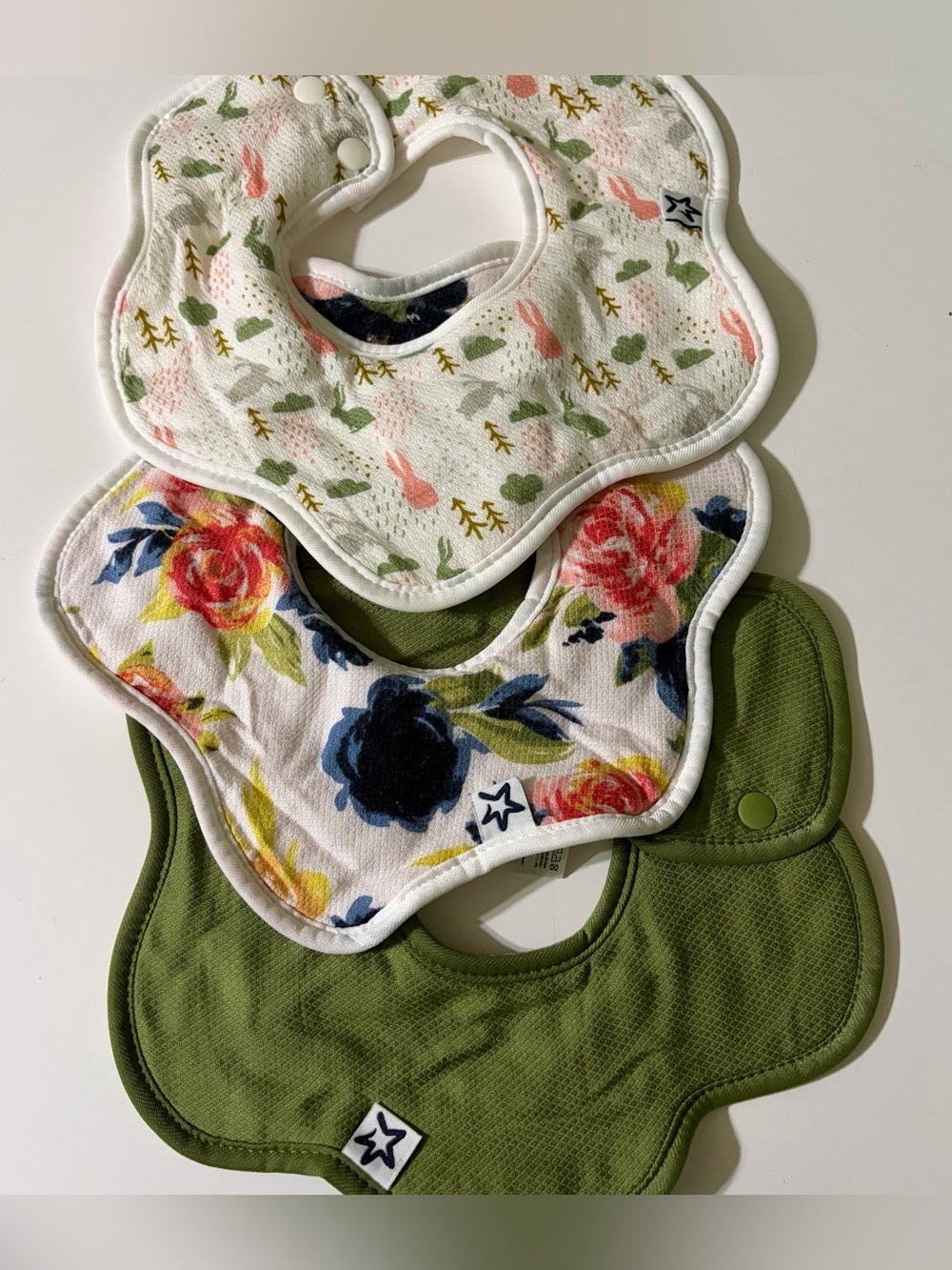 Baby Floral & Olive Green Star Snap Bib Set - 3-Pack